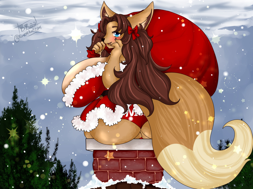 accessory anthro ass bare_shoulders big_breasts big_butt blue_eyes blush bow_ribbon breasts brown_hair chimney christmas cleavage cleavage_overflow clothed clothing cloud commission commissioner_upload costume demonfoxtukuma eevee english_text female full-length_portrait fully_clothed furry generation_1_pokemon hair hair_accessory hair_ribbon hairbow hand_on_face heart heart_(marking) hi_res holidays huge_breasts humanoid_hands inner_ear_fluff long_hair looking_at_viewer looking_back naomi_minette nintendo open_mouth original original_character outside plant pokémon_(species) pokemon pokemon_(species) portrait red_clothing ribbons sack santa_costume shiny shiny_body shiny_breasts shiny_hair shiny_skin sideboob signature sitting sky smile snow solo stuck text tight_clothing tree tuft two_side_up ych_result