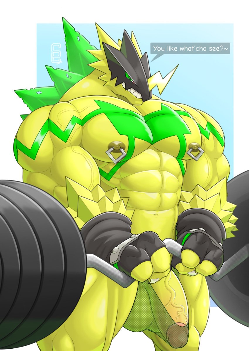 absurd_res anthro balls bandai_namco bulkmon digimon digimon_(species) dumbbell genitals hi_res humanoid looking_at_viewer male male_only muscular muscular_male nipple_piercing nipples pecs penis piercing solard0gg0 solo vein veiny_muscles veiny_penis weights