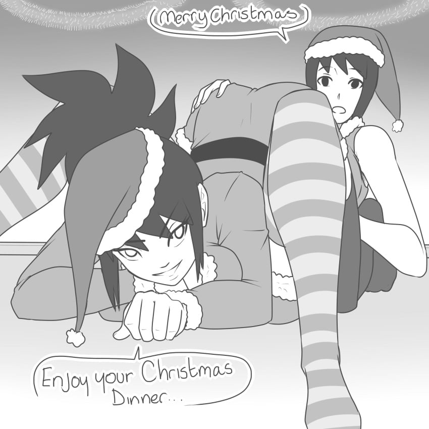 2girls ass ass_grab bent_over christmas female female_only greyscale jacket kneeling legwear long_hair mattwilson83 mitarashi_anko monochrome multiple_girls naruto naruto_(series) naruto_shippuden presenting presenting_ass santa_costume santa_hat shizune sitting speech_bubble stripes talking talking_to_another text thighhighs top-down_bottom-up yuri