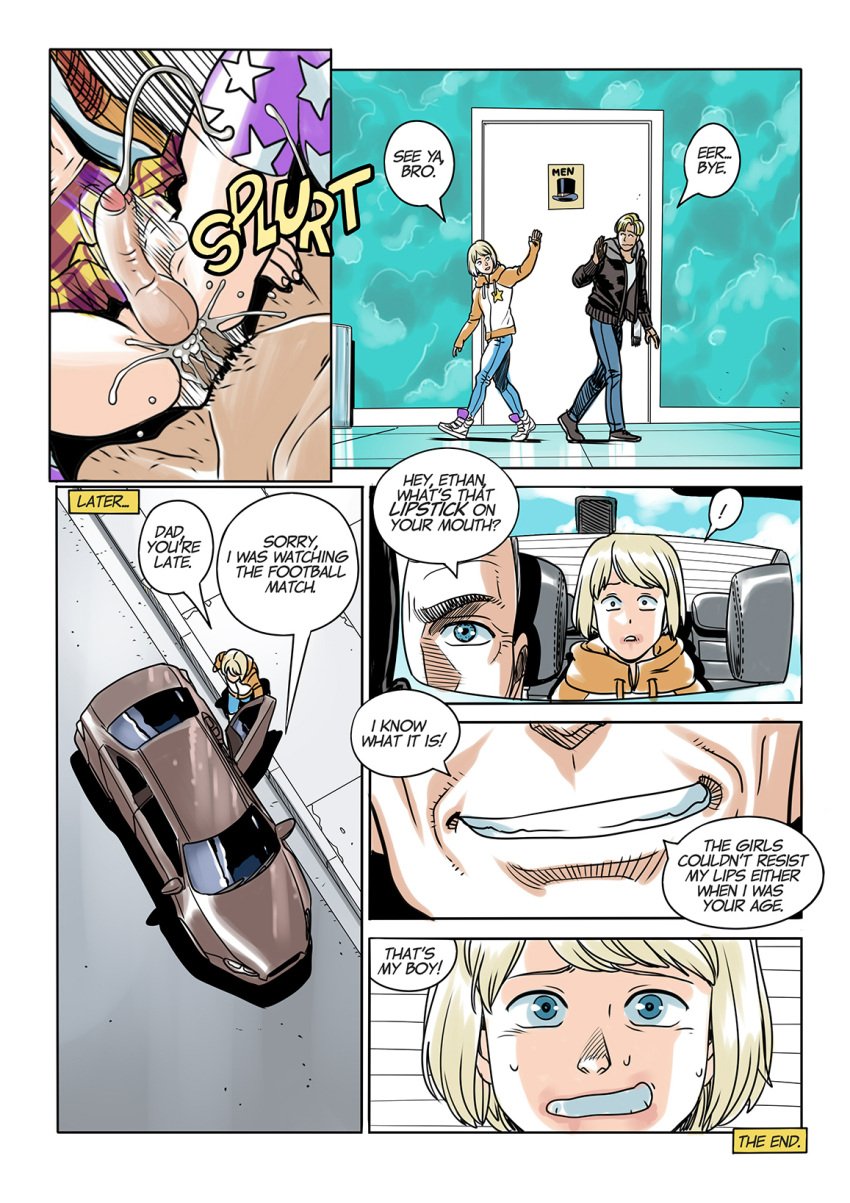 2boys androgynous balls blonde_hair blue_eyes car comic crossdressing cum cum_in_ass cum_inside cumming_from_anal_sex cumming_while_penetrated embarrassed ethan's_dad_(tekuho) ethan_(tekuho) femboy gay girly light-skinned_femboy light-skinned_male lipstick_mark lipstick_smear male male_only nervous nervous_smile nervous_sweat penis penis_under_skirt restroom secret slutty_boys tekuho testicles toilet trap yaoi