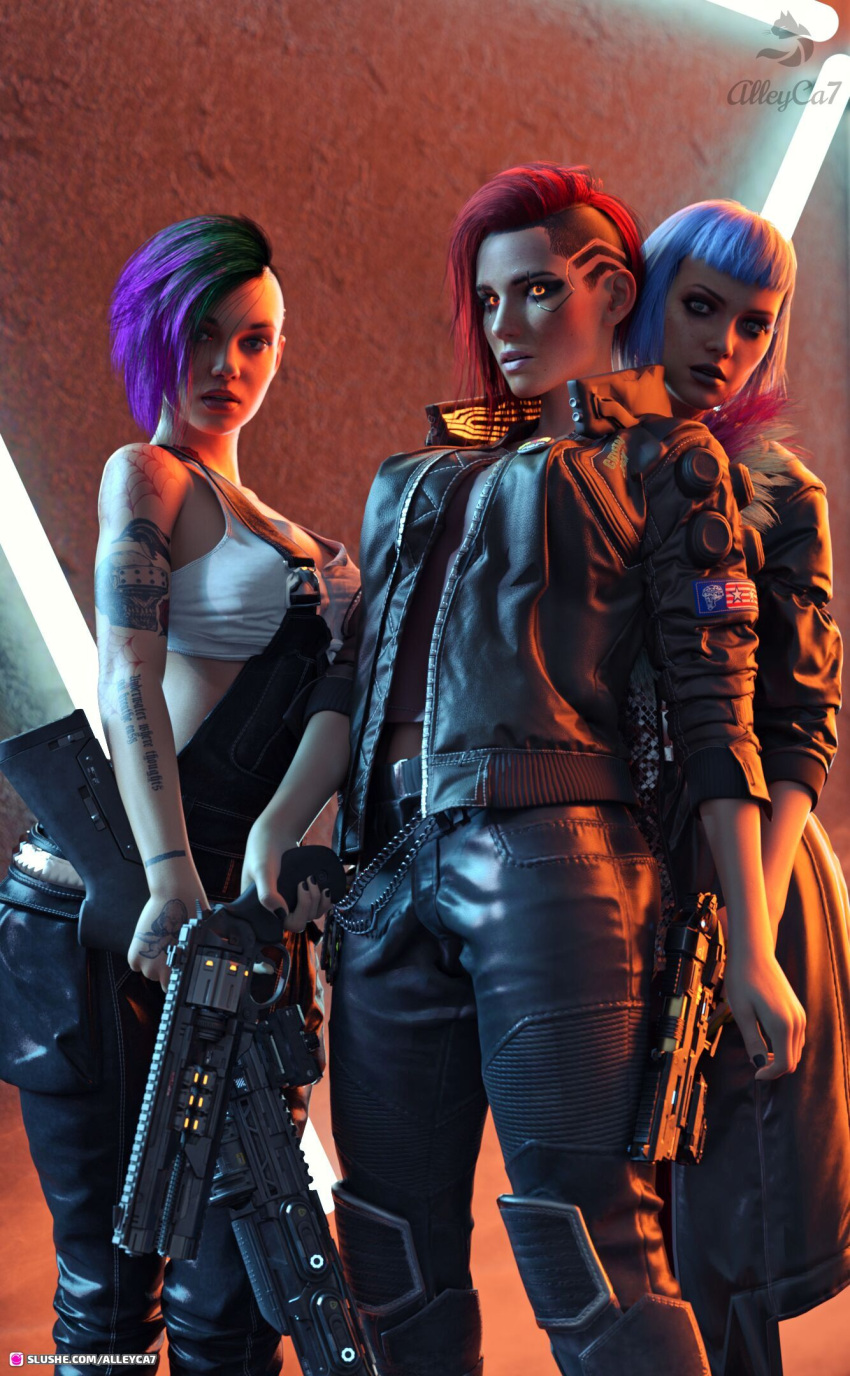 2022 3d 3girls alleyca7 arm_tattoo blue_hair clothed clothing cyberpunk_2077 evelyn_parker fanart female female_only glowing_eyes holding_gun holding_object holding_weapon judy_alvarez large_breasts looking_at_viewer multiple_girls purple_hair red_hair sci-fi science_fiction spiderweb_tattoo standing tattoo v_(cyberpunk_2077) valerie_(cyberpunk_2077)