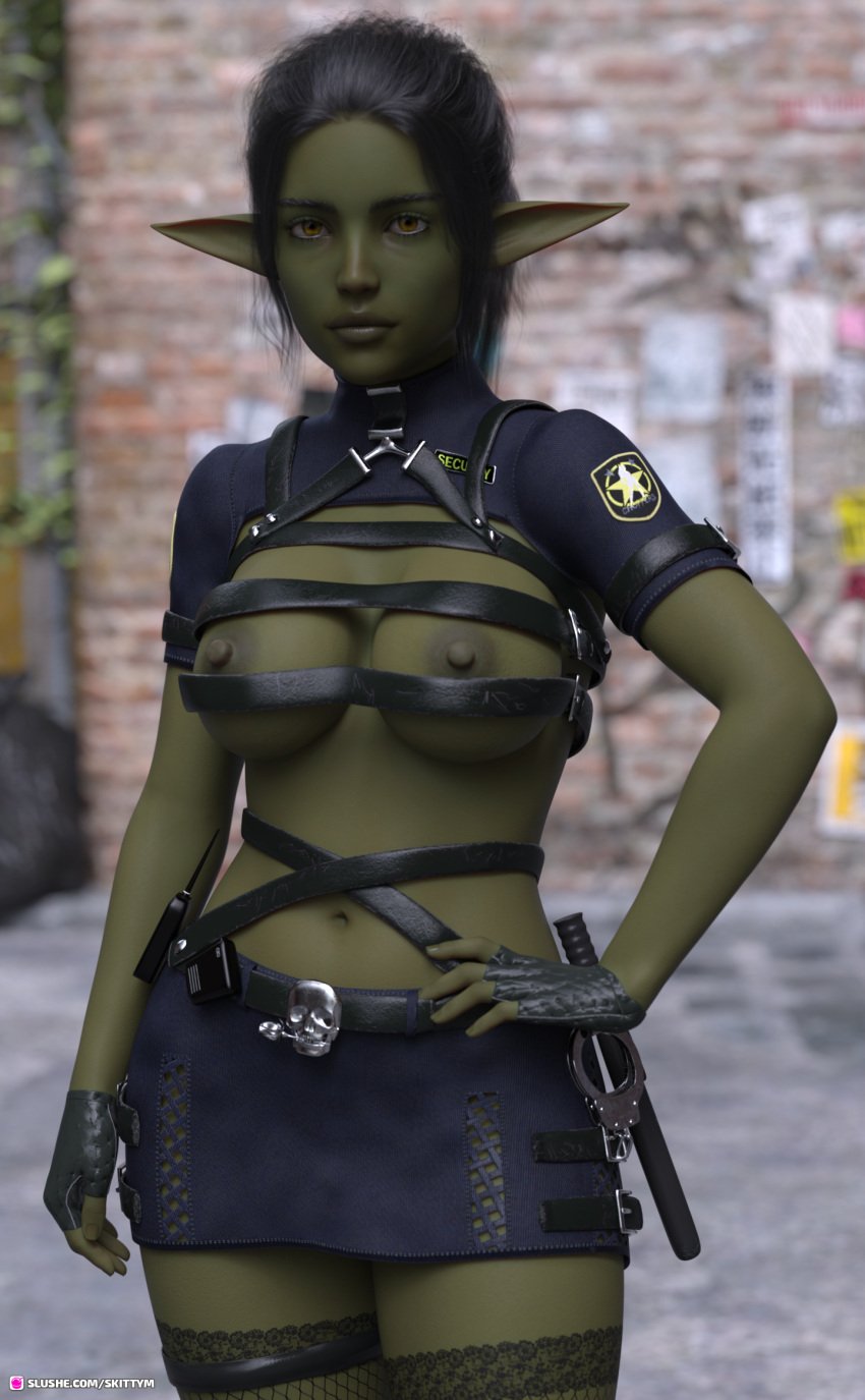 1girls 2022 3d black_hair clothed clothing elf_ears female female_only goblin goblin_female green_body green_skin hand_on_hip handcuffs large_breasts original_character police_uniform policewoman public public_nudity skirt skittym solo solo_female vivian_(skittym)