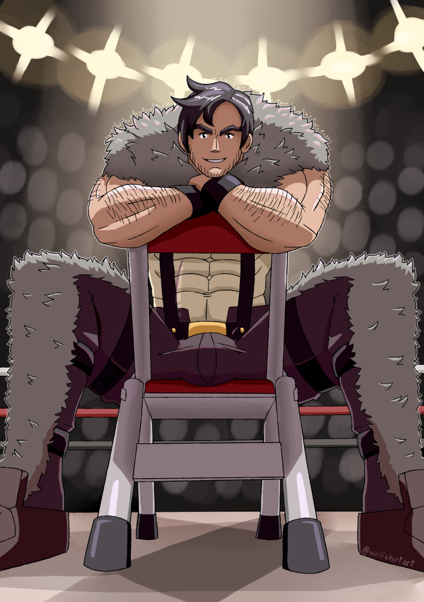 arm_hair bara beowulf_(skullgirls) body_hair bulge facial_hair flaccid folding_chair fully_clothed male male_only muscles muscular sitting skullgirls solo solo_male spread_legs wolfshirtart