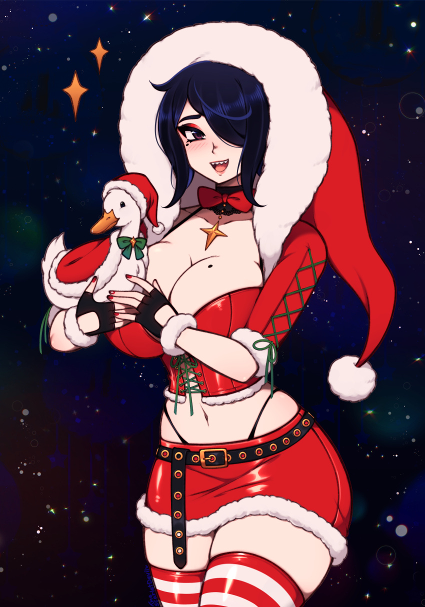 1girls big_breasts blue_hair blush christmas christmas_clothing christmas_headwear christmas_outfit cleavage duck female female_only hair_over_one_eye looking_at_viewer mole mole_on_breast mole_under_eye open_mouth sharp_teeth smiling smiling_at_viewer solo thescarletdevil upper_teeth very_high_resolution vivienne_(thescarletdevil)