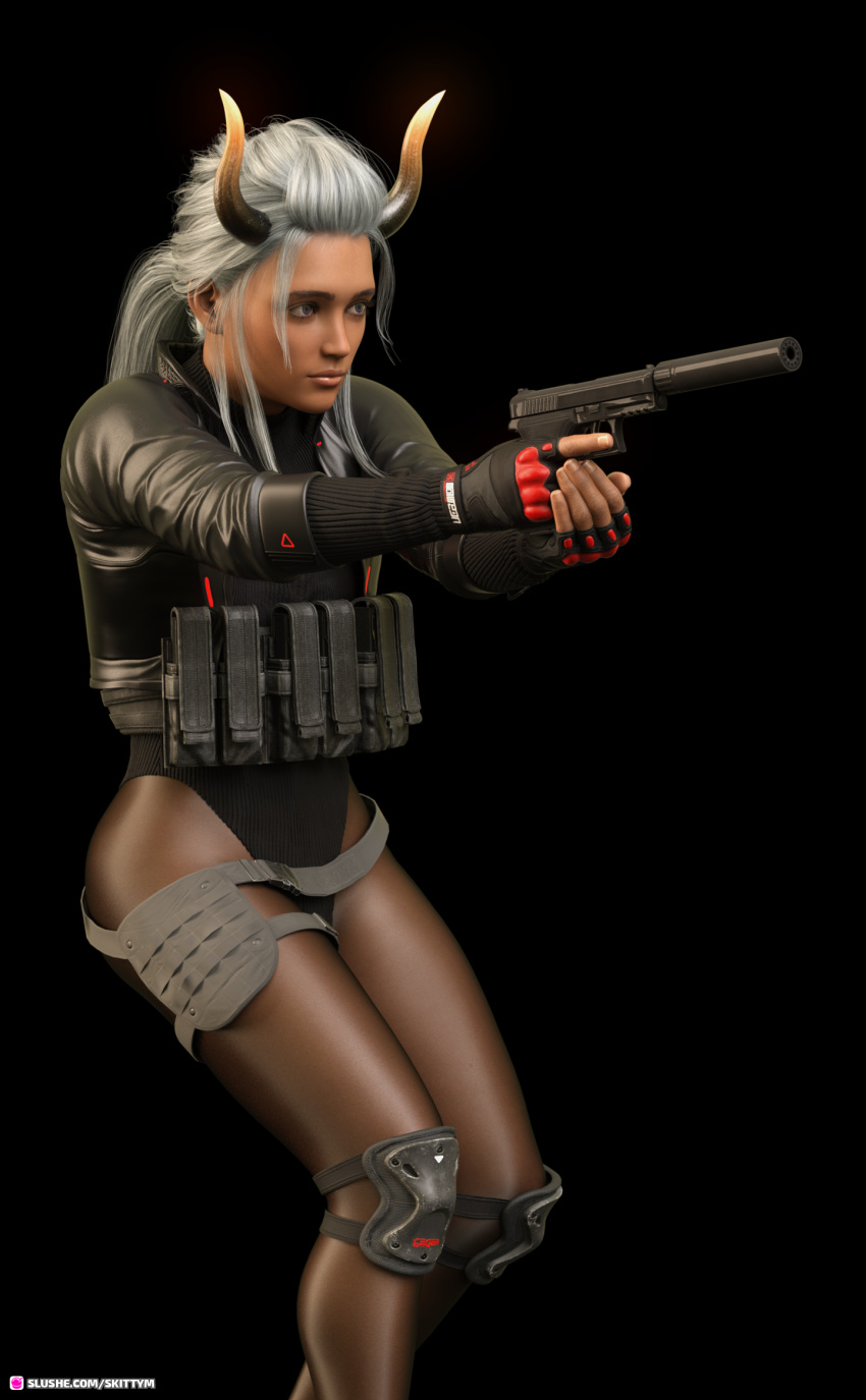 2022 3d black_background femboy gray_hair grey_hair holding_gun holding_object holding_weapon horns large_breasts original_character ponytail sci-fi science_fiction skittym solid_color_background solo tosh_(skittym) white_hair