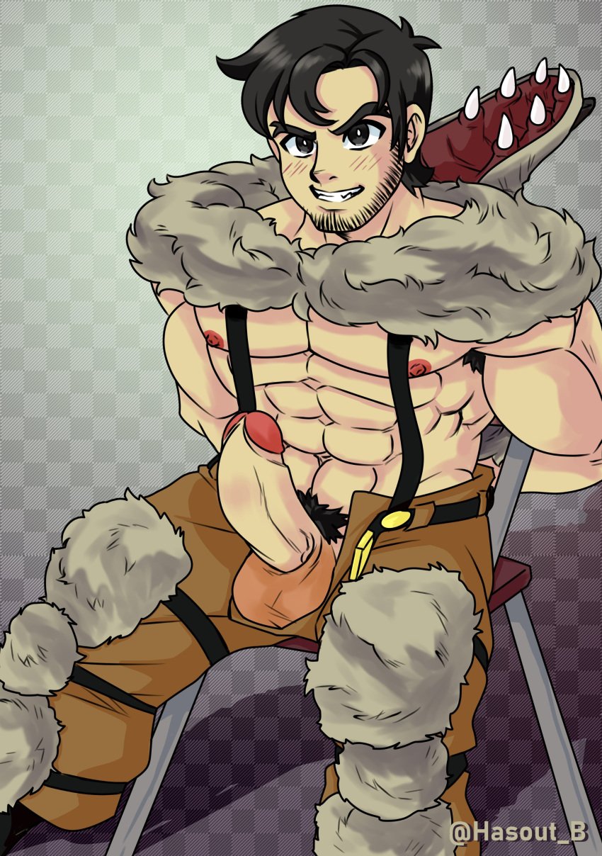 arm_hair balls bara beowulf_(skullgirls) blush body_hair boner erection facial_hair fully_clothed hands_behind_back hasout_b male male_only muscles muscular open_fly penis penis_out skullgirls solo solo_male