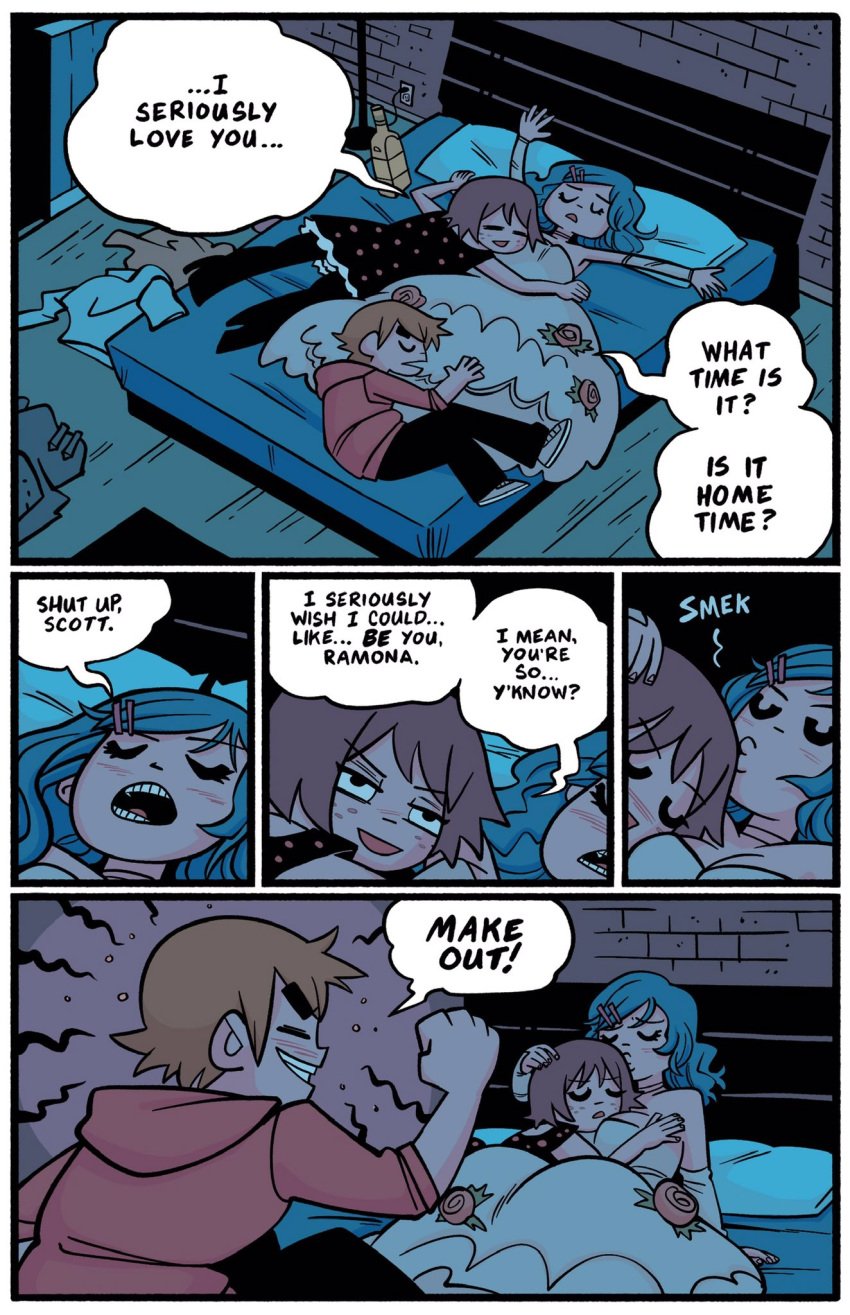 1boy 2girls 2girls1boy bed bedroom bonerbob comic comic_page drunk drunk_bubbles face_in_breasts hand_on_breast hand_on_head kim_pine kissing_head ramona_flowers scott_pilgrim scott_w_pilgrim speech speech_bubble yuri