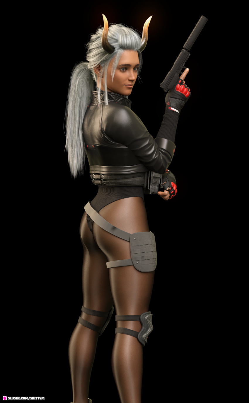 2022 3d black_background femboy gray_hair grey_hair holding_gun holding_object holding_weapon horns large_breasts original_character ponytail sci-fi science_fiction skittym solid_color_background solo tosh_(skittym) white_hair