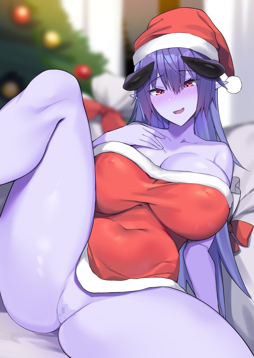 1girls absurdres arunira bare_shoulders black_horns blue_hair blurry blurry_background blush breasts brll censored christmas christmas_tree cleavage colored_skin covered_navel dress female hat highres horns large_breasts long_hair looking_at_viewer mosaic_censoring oerba_yun_fang open_mouth original pointy_ears purple-skinned_female purple_skin pussy red_dress red_eyes red_headwear santa_hat sitting skin_fang solo succubus thighs