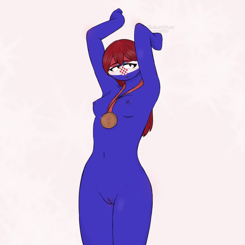 1girls blue_nipples blue_pussy blue_skin countryhumans countryhumans_girl croatia_(countryhumans) croatian_flag female female_only long_hair red_hair solo_female tagme xx.canada.xx