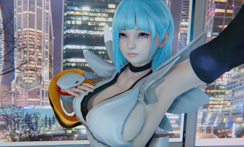 3d ahwlly ahwlly_(artist) blue_hair bob_cut choker cosplay iroha large_breasts looking_at_viewer maid mole pink_eyes samurai_shodown self_insert self_upload selfie short_hair tagme