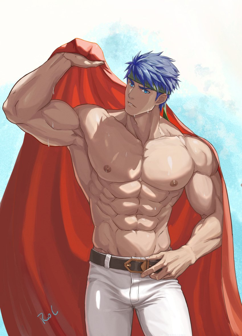 1boy absurd_res armpits blue_eyes blue_hair fire_emblem fire_emblem:_path_of_radiance fire_emblem:_radiant_dawn flexing flexing_bicep flexing_muscles handsome hi_res hunk ike_(fire_emblem) looking_at_viewer male male_focus male_only muscles muscular muscular_armpits muscular_male rol_730 shirtless shirtless_(male) solo_male straight suggestive suggestive_pose sweat sweating