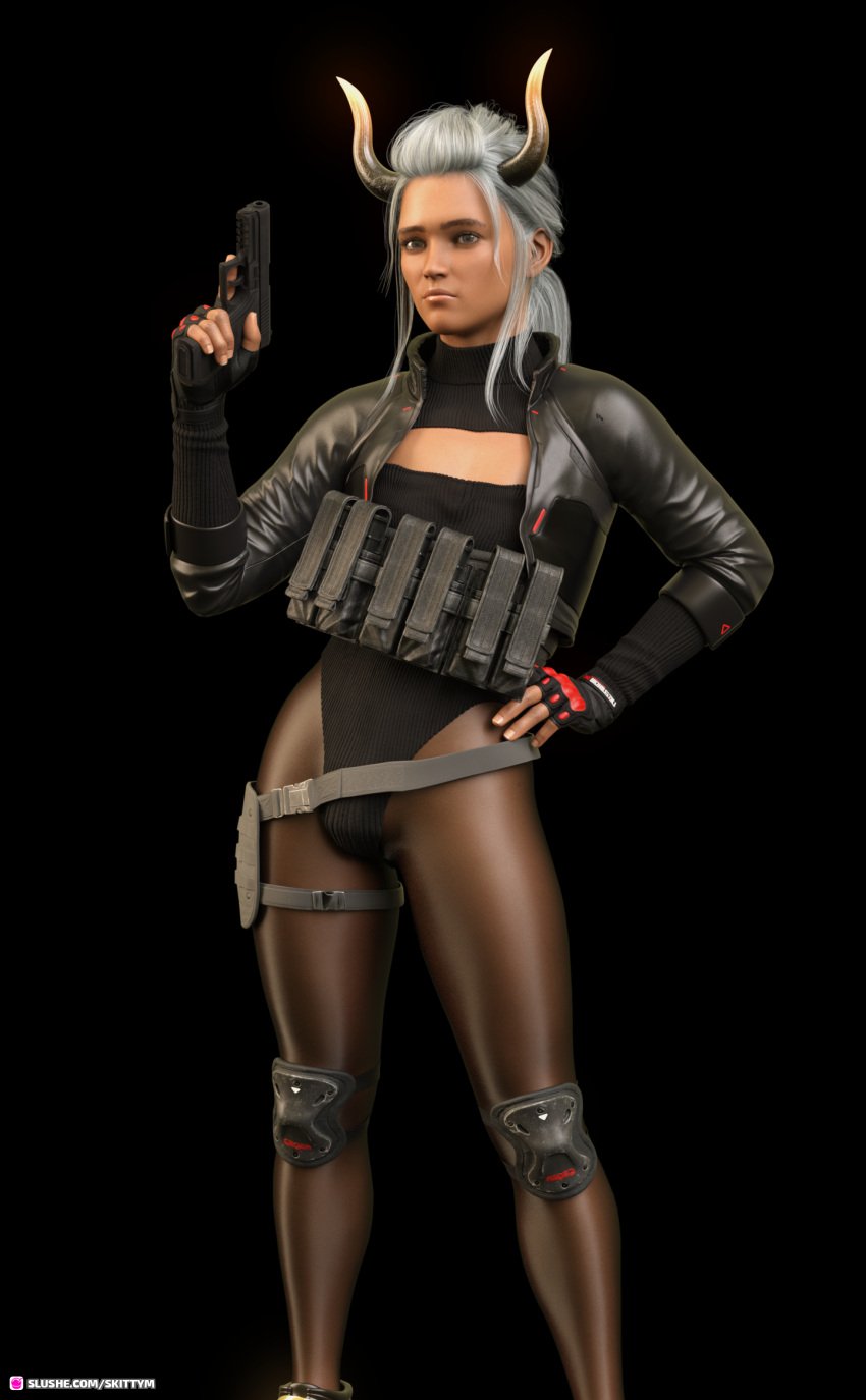 2022 3d black_background femboy gray_hair grey_hair holding_gun holding_object holding_weapon horns large_breasts original_character ponytail sci-fi science_fiction skittym solid_color_background solo tosh_(skittym) white_hair