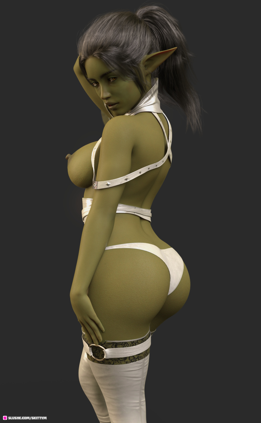 1girls 2022 3d black_hair elf_ears female female_only goblin goblin_female green_body green_skin grey_background large_breasts lingerie looking_at_viewer original_character skittym solid_color_background solo solo_female thighhighs vivian_(skittym) white_lingerie white_thighhighs