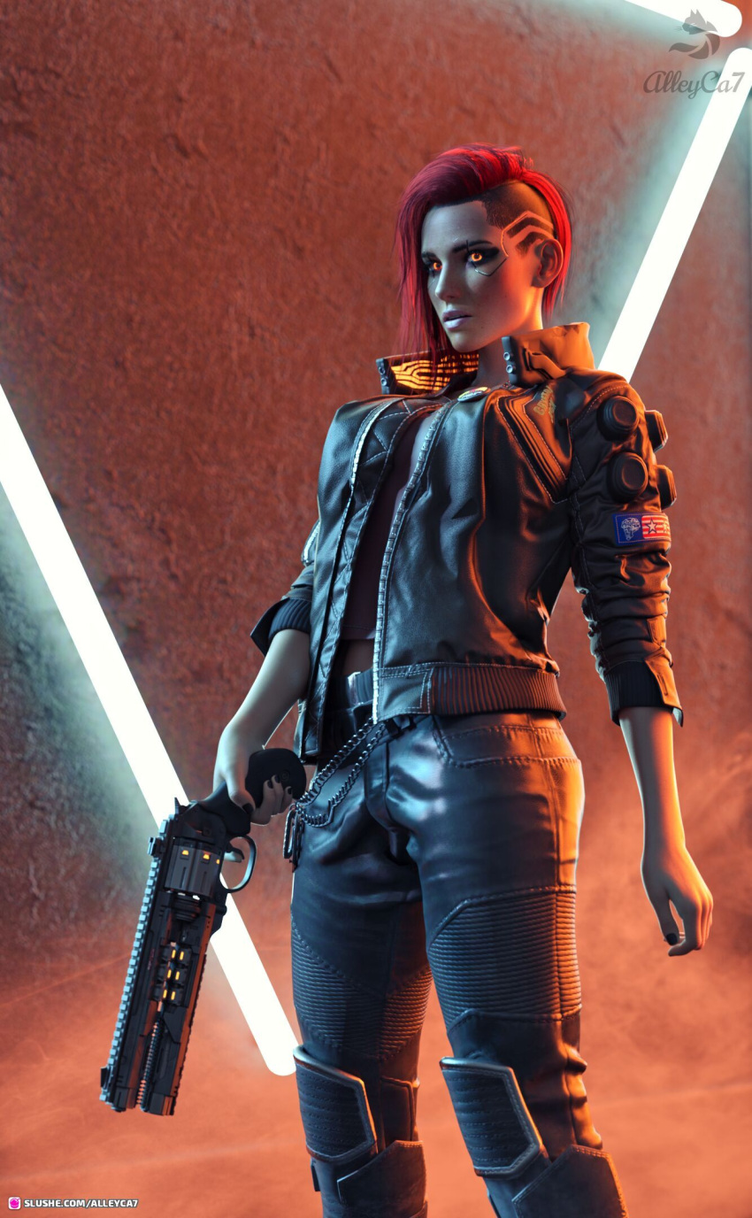 1girls 2022 3d alleyca7 clothed clothing cyberpunk_2077 fanart female female_only glowing_eyes holding_gun holding_object holding_weapon large_breasts looking_at_viewer purple_hair red_hair sci-fi science_fiction solo solo_female standing v_(cyberpunk_2077) valerie_(cyberpunk_2077)