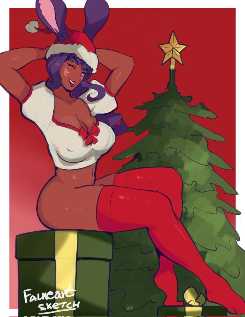 1girls bunny_ears christmas christmas_clothing christmas_present christmas_tree commission dark-skinned_female dark_skin estelle_(oxoqube) falkeart female female_only final_fantasy final_fantasy_xiv hands_behind_head hi_res long_hair looking_at_viewer purple_hair red_stockings sitting sketch smiling smiling_at_viewer solo stockings thick_thighs thigh_squish viera wink winking_at_viewer