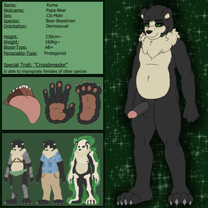 anthro armor balls bear belly black_body black_fur black_sclera clothing costume darknetic english_text fantasy father fur genitals green_eyes hi_res kuma_(darknetic) male mammal model_sheet open_mouth parent pawpads penis simple_background solo tall taller_male teeth text tongue yellow_body yellow_fur