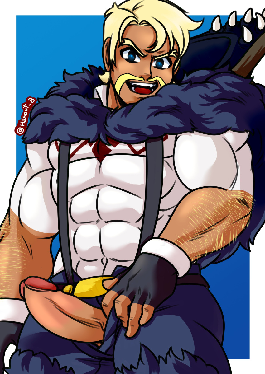 alternate_color arm_hair balls bara beowulf_(skullgirls) body_hair boner erection facial_hair fully_clothed hasout_b male male_only muscles muscular penis penis_out penis_through_fly skullgirls solo solo_male