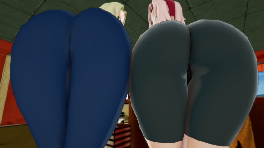 2girls ass ass_focus female female_only guakghad naruto naruto_(series) pink_hair presenting_ass sakura_haruno spandex_shorts tagme tsunade