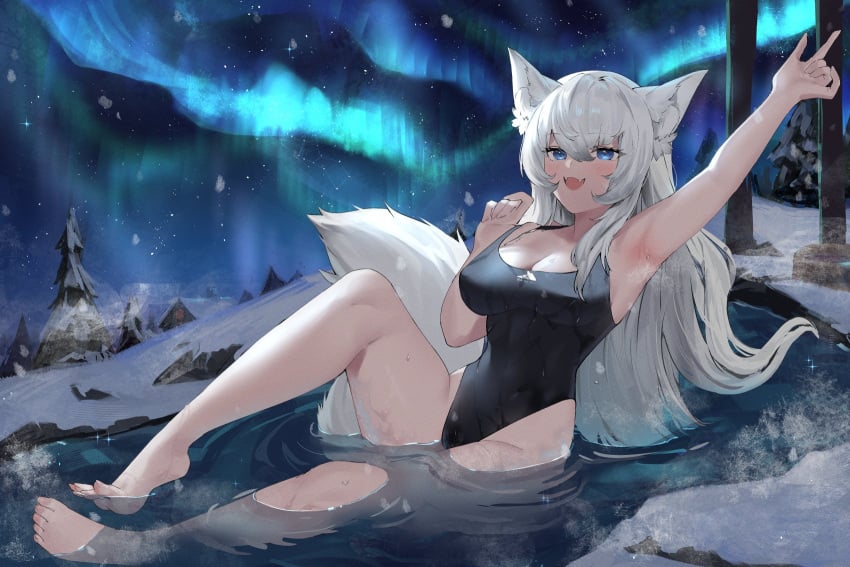 1girls armpits astraline aurora_borealis big_breasts blue_eyes crow_(oflotssa/k_cioara/lost_phews) detailed_background fangs female female_only kemonomimi light-skinned_female light_skin long_hair lumi_(merryweather) snow solo swimsuit tagme virtual_youtuber vtuber water white_hair wolf_ears wolf_girl wolf_humanoid wolf_tail