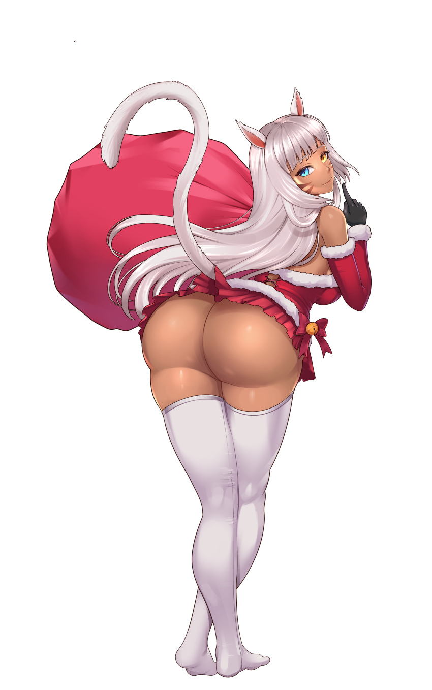 1girls ass big_ass big_butt bubble_butt cat_ears cat_tail catgirl christmas christmas_outfit fat_butt final_fantasy final_fantasy_xiv heterochromia hime_cut miqo'te miyuki_mochizuki miyukiva no_panties santa_costume santa_dress santa_hat white_hair