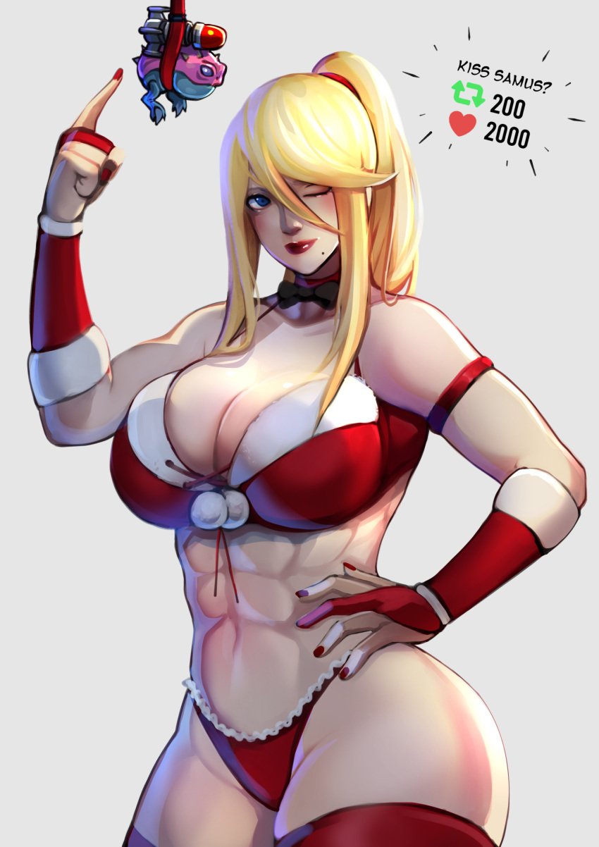 abs arm_band armwear blonde_hair blue_eyes bowtie christmas christmas_outfit cleavage frilly_panties fur_trim hand_on_hip metroid mistletoe muscular_female nail_polish samus_aran santa_costume smile stockings wink xuuikie xuuikie_ashe