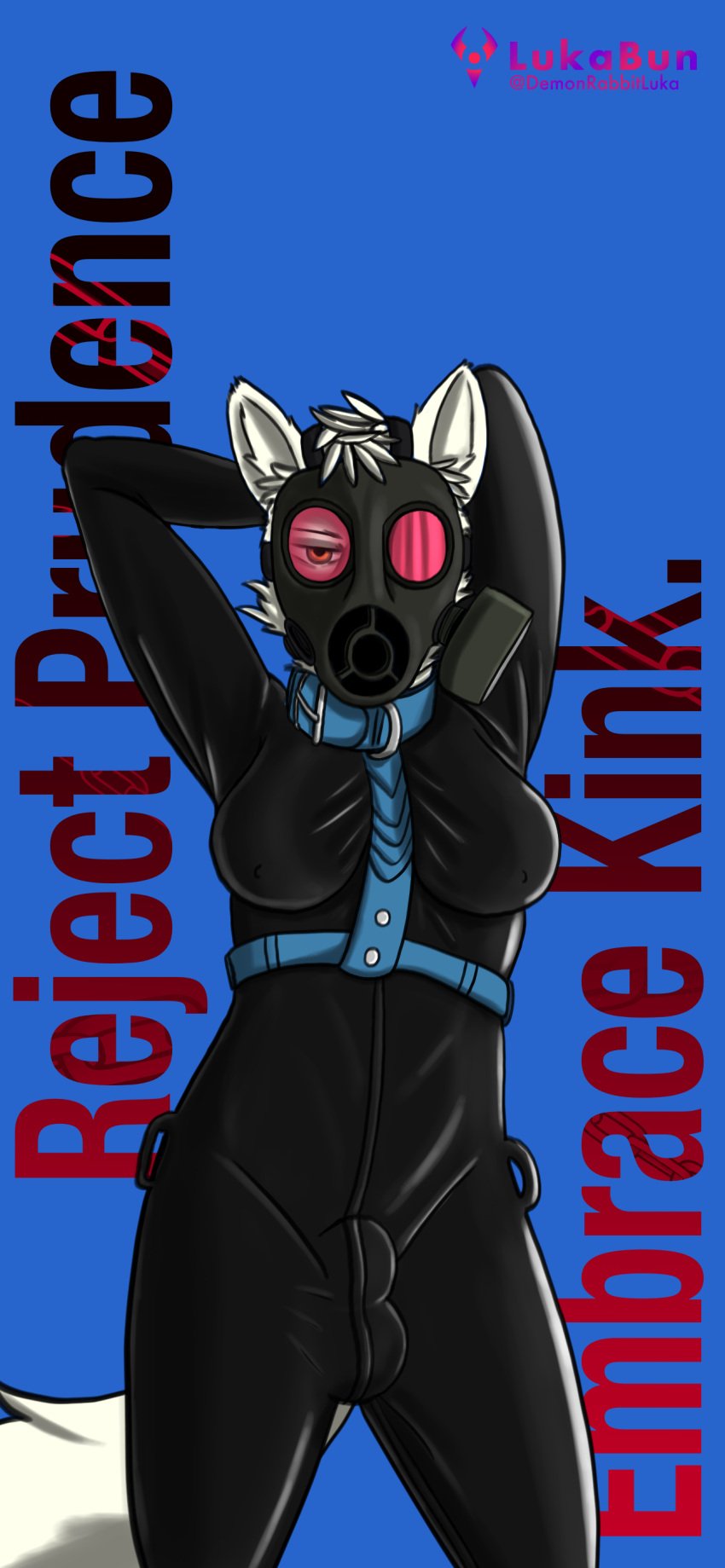 absurd_res anthro bondage bondage_gear canid canine clothing fox gas_mask gynomorph hi_res intersex lukabun mammal mask pose rubber rubber_clothing rubber_suit