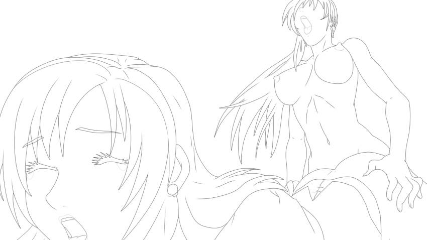 1futa 1girls areolae bank_teller bent_over bible_black breasts character closed_eyes duo female futa_on_female futanari imari_kurumi large_breasts line_art monochrome nipples sex shin_bible_black standing