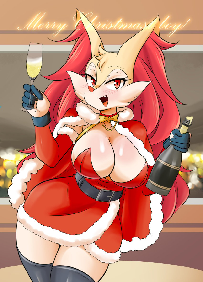 anthro belt big_breasts blush braixen bray_(lucyfercomic) breasts champagne champagne_glass christmas christmas_outfit fang female fingerless_gloves furry game_freak looking_at_viewer lucyfercomic nintendo pokémon_(species) pokemon pokemon_(species) red_eyes smile smiling_at_viewer thighhighs toasting