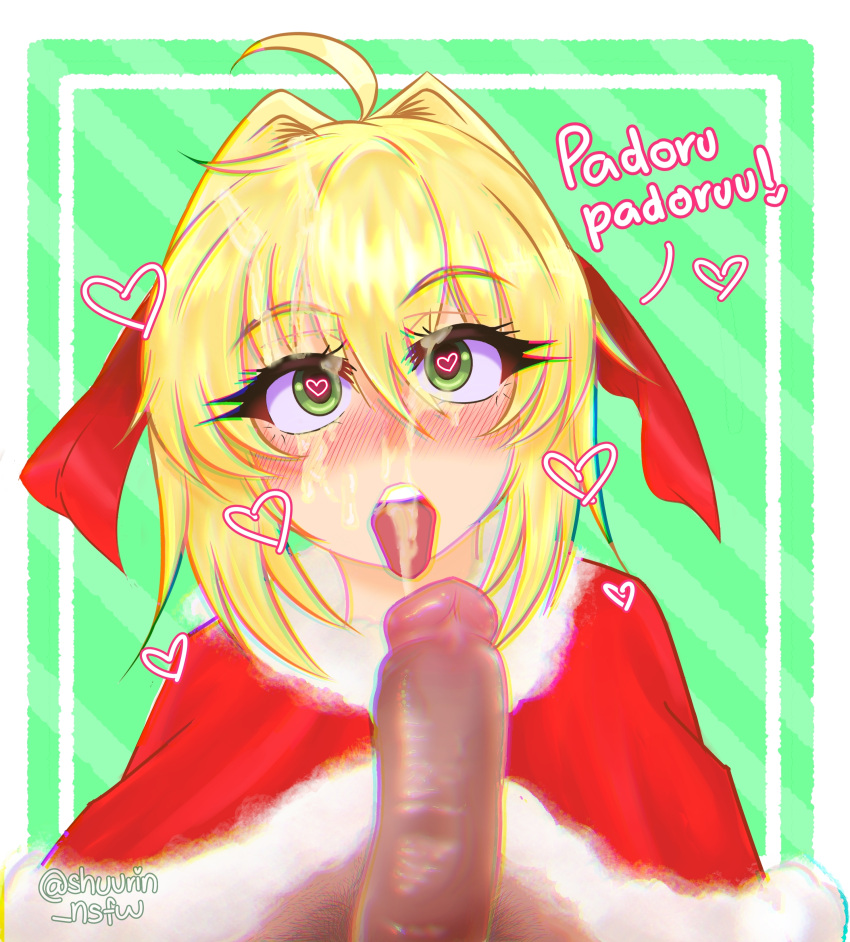 blonde_hair christmas christmas_outfit cum cum_in_mouth cum_on_face cumshot dick fate_(series) green_eyes heart-shaped_pupils nero_claudius_(fate) open_mouth padoru padoru_(meme) solo_female tongue_out