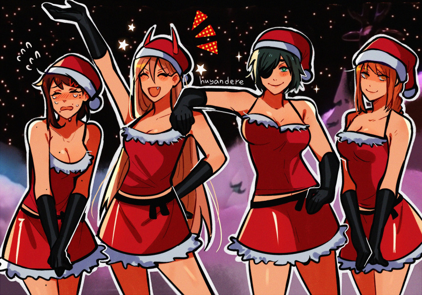 4girls big_breasts chainsaw_man christmas christmas_outfit cleavage female female_only higashiyama_kobeni himeno_(chainsaw_man) huyandere makima_(chainsaw_man) mappa mean_girls mean_girls_(2004) merry_christmas movie_reference multiple_girls power_(chainsaw_man) santa_costume short_dress