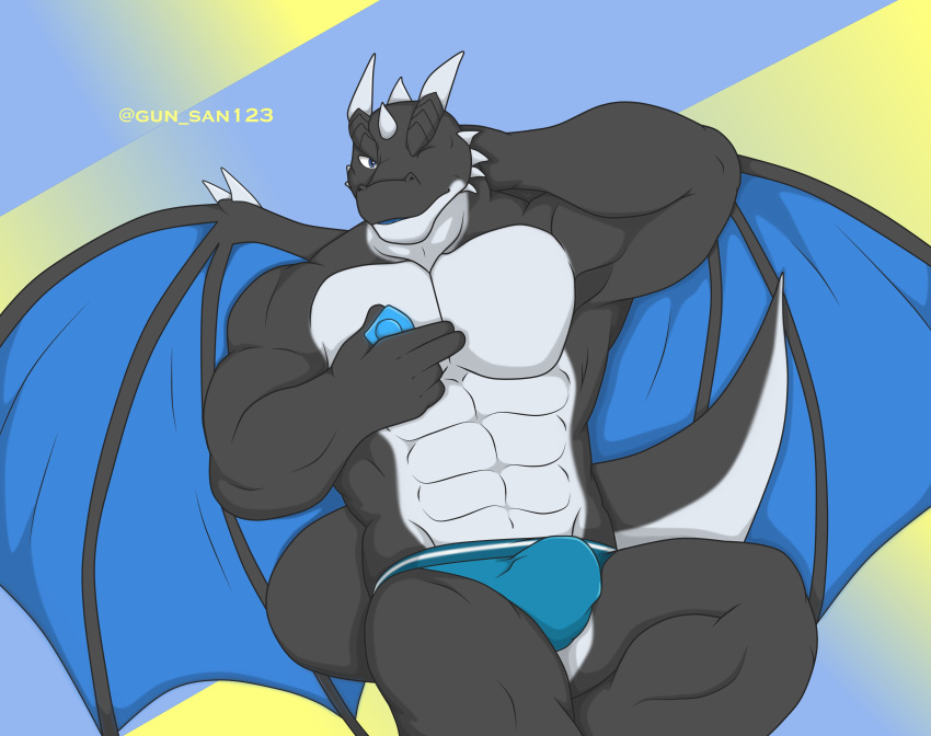 abs absurd_res anthro black_body black_scale black_skin blue_clothing blue_eyes blue_underwear blue_wings bulge clothed clothing condom dargor dragon gunt_painter hand_behind_neck hand_on_neck hi_res holding_condom holding_object horn looking_at_viewer male muscular muscular_anthro muscular_male one_eye_closed partially_clothed pecs rashkar scalie sexual_barrier_device simple_background sitting smile solo spikes underwear western_dragon white_body white_skin wings wink winking_at_viewer