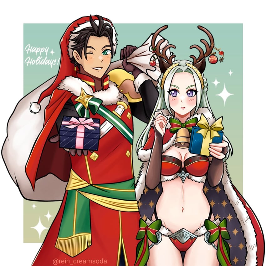 1boy 1girls alternate_costume antlers artist_name bauble bell bell_collar bikini blush bow cape christmas christmas_bikini christmas_outfit chrom_(fire_emblem)_(cosplay) claude_von_riegan clothed_male cosplay edelgard_von_hresvelg female fire_emblem fire_emblem:_three_houses fire_emblem_awakening fire_emblem_heroes fur_trim green_background green_eyes intelligent_systems long_hair looking_at_viewer male nintendo one_eye_closed panties plain_background present purple_eyes red_panties rein_creamsoda revealing_clothes sack santa_costume santa_hat simple_background skimpy tharja_(fire_emblem)_(cosplay) thong underwear watermark white_background white_hair