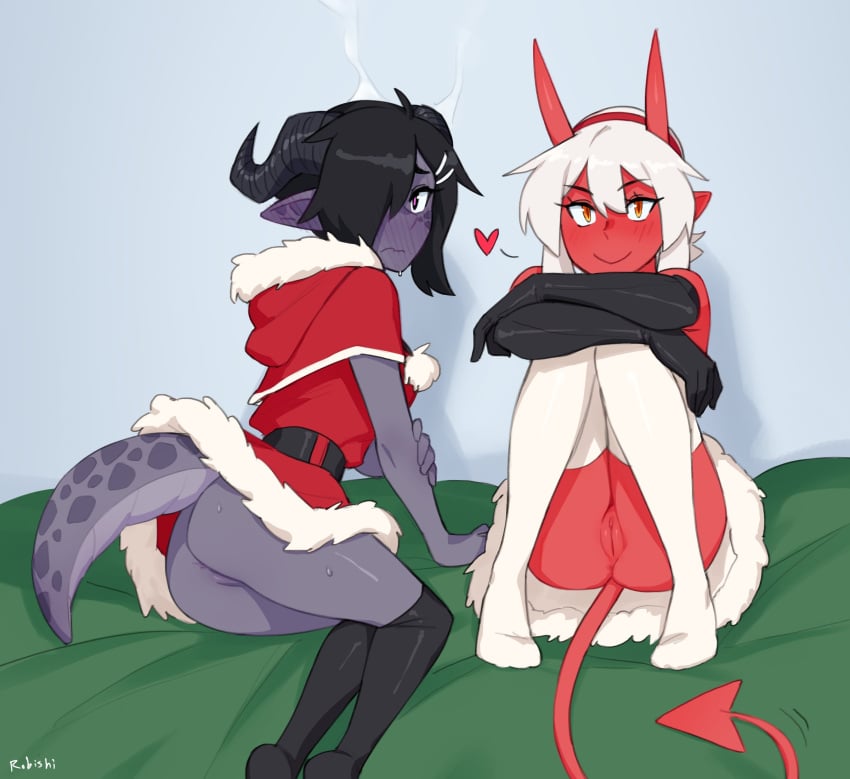 2girls anus anus_peek artist_name ass bangs belt black_gloves black_hair black_thighhighs blush capelet colored_skin commentary demon_girl demon_tail dress ear_blush elbow_gloves embarrassed english_commentary fur-trimmed_dress fur_trim gloves grey-skinned_female grey_skin hair_between_eyes hair_ornament hair_over_one_eye hairband hairclip heart highres hood hood_down hooded_capelet horns knees_to_chest li_(rob_ishi) looking_at_viewer multiple_girls nelu_(rob_ishi) no_panties one_eye_covered orange_eyes original pointy_ears pussy red-skinned_female red_capelet red_dress red_hairband red_skin rob_ishi santa_costume sitting skin-covered_horns smile steam tail thighhighs uncensored wavy_mouth white_hair white_thighhighs