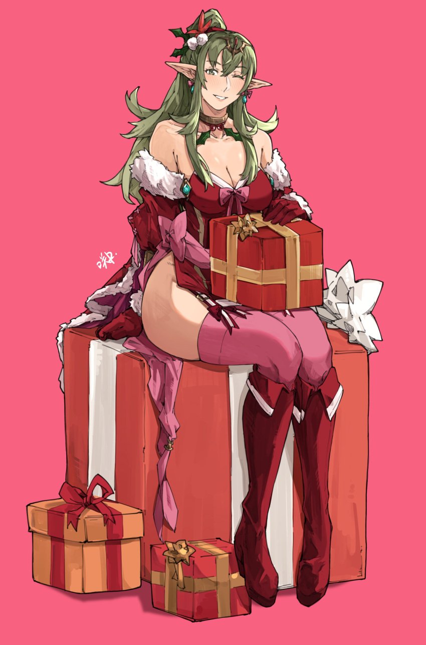 1girls absurdres alternate_costume bare_shoulders breasts christmas christmas_outfit christmas_present cleavage dress english_commentary fire_emblem fire_emblem_awakening full_body gift gloves green_eyes green_hair hair_ornament highres holding holding_gift jewelry large_breasts legs_together long_hair looking_at_viewer nintendo one_eye_closed pointy_ears ponytail present ribbon sakuremi sitting smile solo thick_thighs thighhighs thighs tiara tiki_(adult)_(fire_emblem) tiki_(fire_emblem) wink