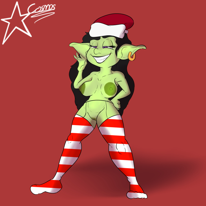 absurd_res anthro big_breasts black_hair breasts cosmosarts ear_piercing female festive_clothing goblin goblin_female green_body green_nipples green_skin hair hi_res humanoid muscular_thighs nipples piercing solo unnamed_character