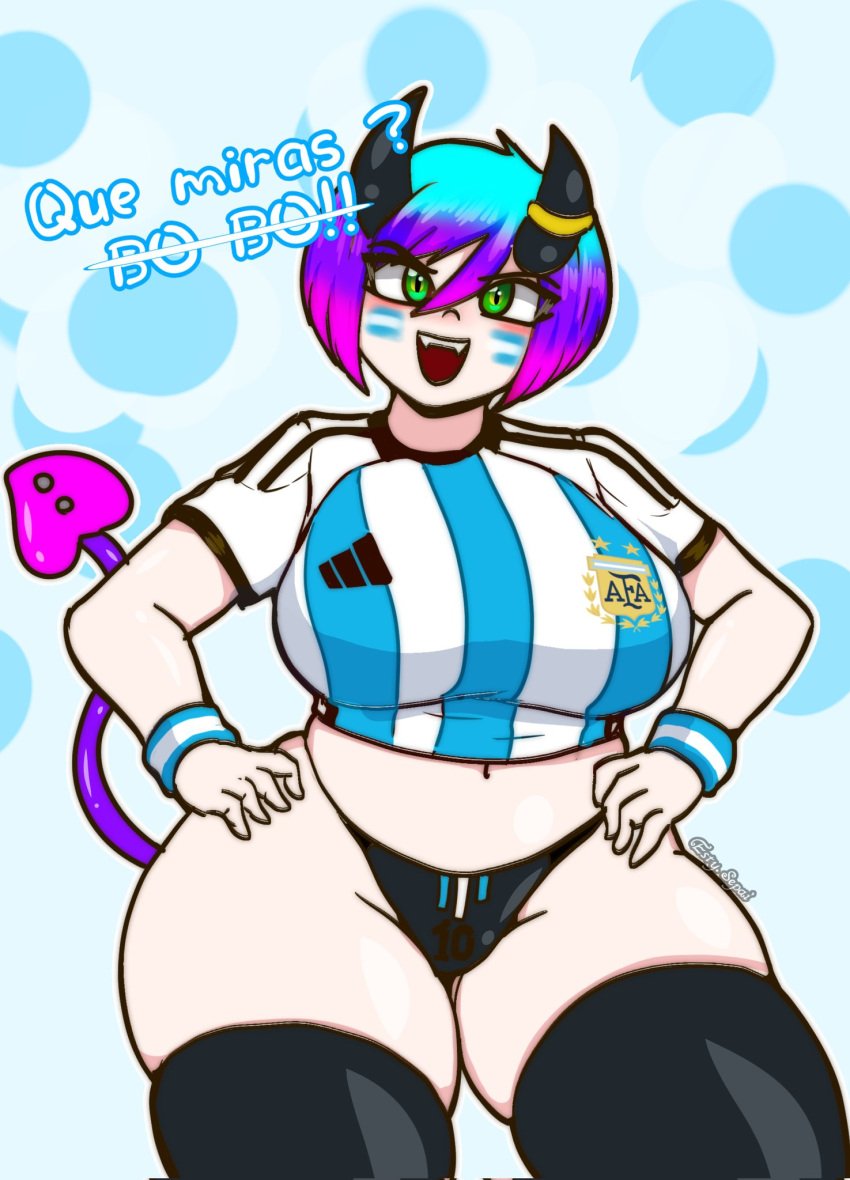 1girls argentina argentinian artist_request big_ass clothed clothing demon demon_girl demon_horns demon_tail hands_on_hips horn latina light-skinned_female looking_at_viewer no_pants oc original_character partially_clothed simple_background smile spanish_text tagme thong tights voluptuous white_background