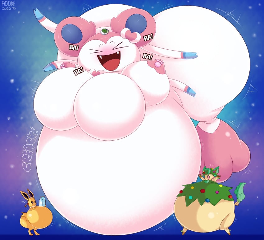 addde belly_expansion belly_inflation big_breasts body_inflation boyo71230387 breasts female inflation jolteon leafeon pokemon sylveon thick_thighs wide_hips