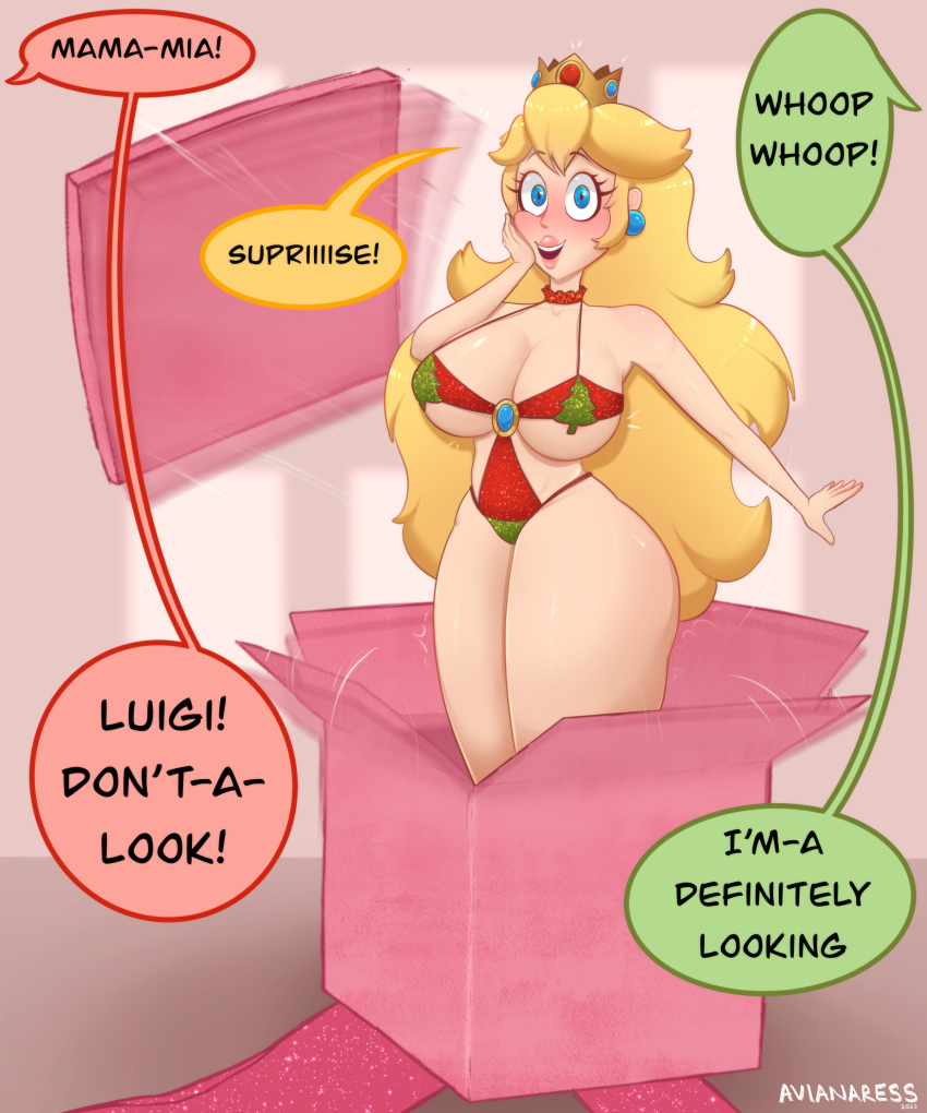 1girls avianaress big_breasts blonde_hair blue_eyes christmas christmas_clothing christmas_outfit christmas_present dialogue english_text female female_only glitter large_breasts lingerie long_hair luigi mario mario_(series) nintendo offscreen_character presenting princess_peach smile smiling soft_breasts solo speech_bubble surprised text wide_hips yellow_hair