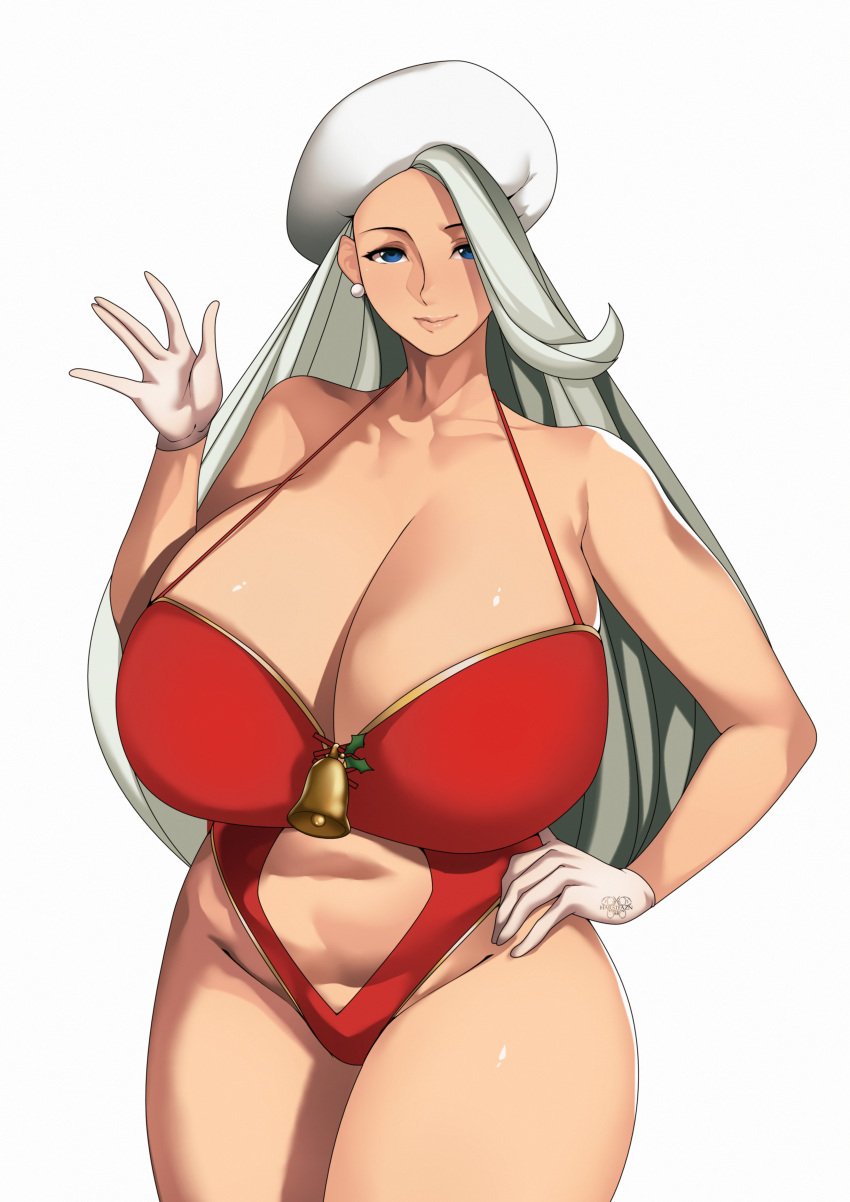 1girls bell big_breasts blue_eyes bottomwear cleavage clothing ear_piercing earrings female female_only game_freak hair hand_on_hip handwear harstfazn hat headwear hips huge_breasts large_breasts long_hair looking_at_viewer mature mature_female mature_woman melony_(pokemon) milf mother plump pokemon pokemon_ss smile solo solo_female thick_thighs thighs topwear voluptuous white_hair