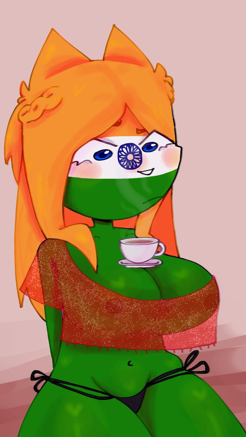 asian asian_clothing asian_female big_breasts cat_india clothed_female clothing countryhumans countryhumans_girl deltahyo green_body green_skin india_(countryhumans) long_hair orange_hair