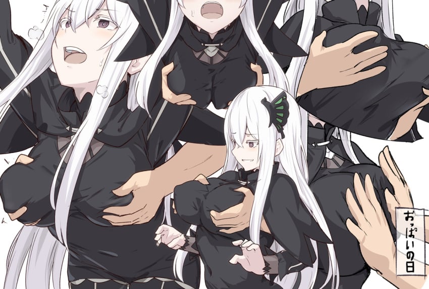 1boy 1girls black_dress breast_grab breast_press breast_squeeze breasts cleavage covered_nipples dress echidna_(re:zero) from_behind grabbing_from_behind groping heavy_breathing large_breasts light-skinned_female light_skin moaning multiple_views re:zero_kara_hajimeru_isekai_seikatsu shiseki_hirame solo_focus straight white_hair