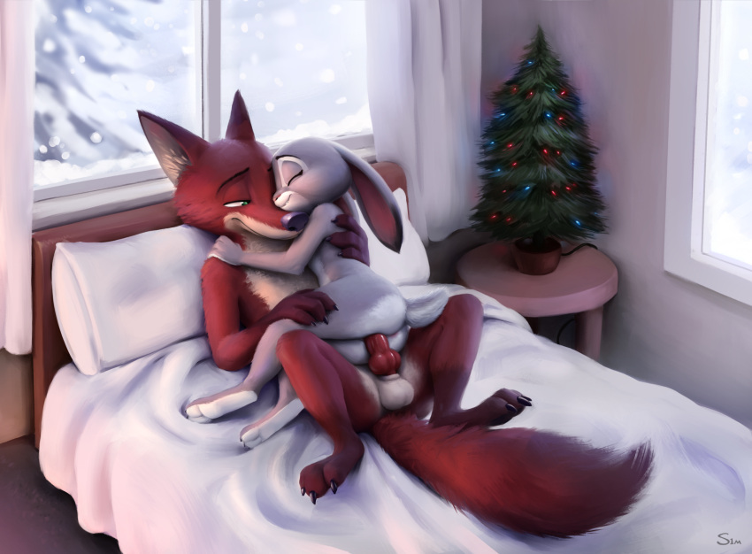 2022 2d_looking_like_3d anthro anus ass bed canid canine christmas christmas_tree claws closed_eyes curtains detailed_background digital_media_(artwork) disney duo eyebrows fingers fox furniture genitals girl_on_top half-closed_eyes hi_res holidays inside judy_hopps knot lagomorph leporid long_ears male mammal narrowed_eyes nick_wilde on_bed penis pillow plant predator/prey rabbit s1m sex toe_claws tree zootopia