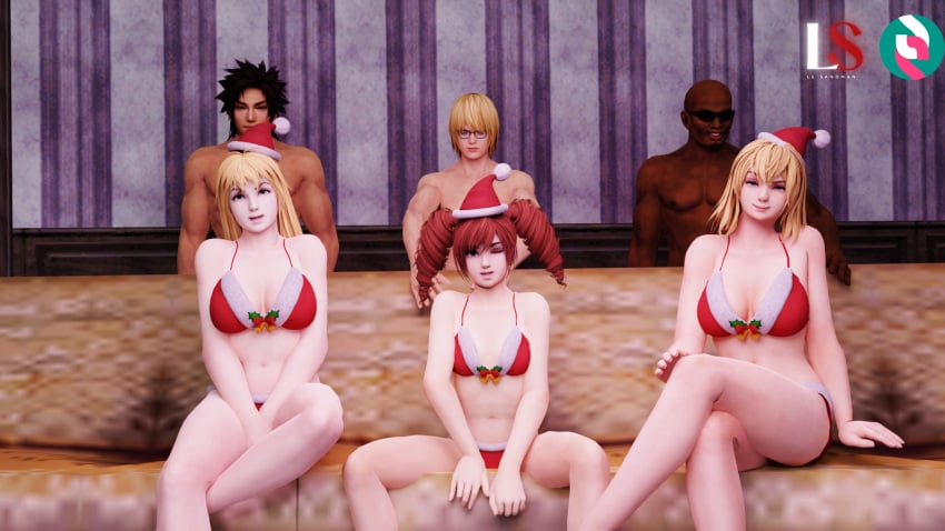 3boys 3d 3girls amy_sorel big_breasts blender blonde_hair blue_eyes cassandra_alexandra christmas dark-skinned_male dark_skin dead_or_alive dynasty_warriors eliot_(doa) green_eyes imminent_orgy imminent_sex le_sandman long_hair milf red_hair santa_bikini santa_hat shoulder_length_hair small_breasts sofa sophitia_alexandra soul_calibur straight tagme twintails xnalara zack_(dead_or_alive) zhang_bao