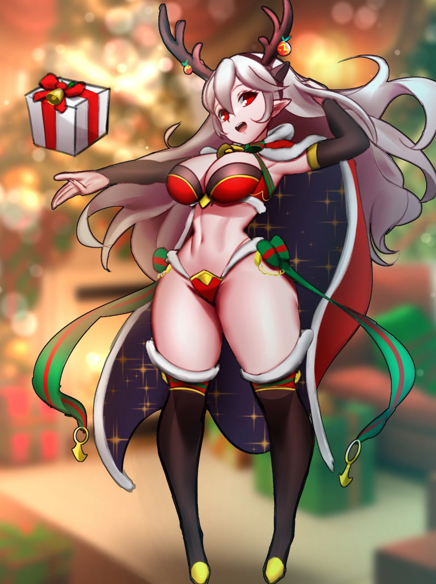 1girls alternate_costume antlers bell bell_collar bikini blurry_background bow cape christmas cleavage corrin_(fire_emblem) corrin_(fire_emblem)_(female) cosplay female female_only fire_emblem fire_emblem_awakening fire_emblem_fates fire_emblem_heroes grey_hair hartman_hips hi_res highres intelligent_systems jaxartdump large_breasts looking_at_viewer nintendo open_mouth pointy_ears present red_eyes solo stockings tharja_(fire_emblem)_(cosplay) thick_thighs thong video_game video_game_character video_games