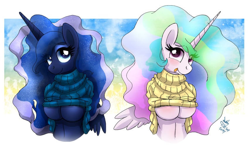 anthro friendship_is_magic joakaha my_little_pony princess_celestia_(mlp) princess_luna_(mlp) smooth_skin sweater underboob