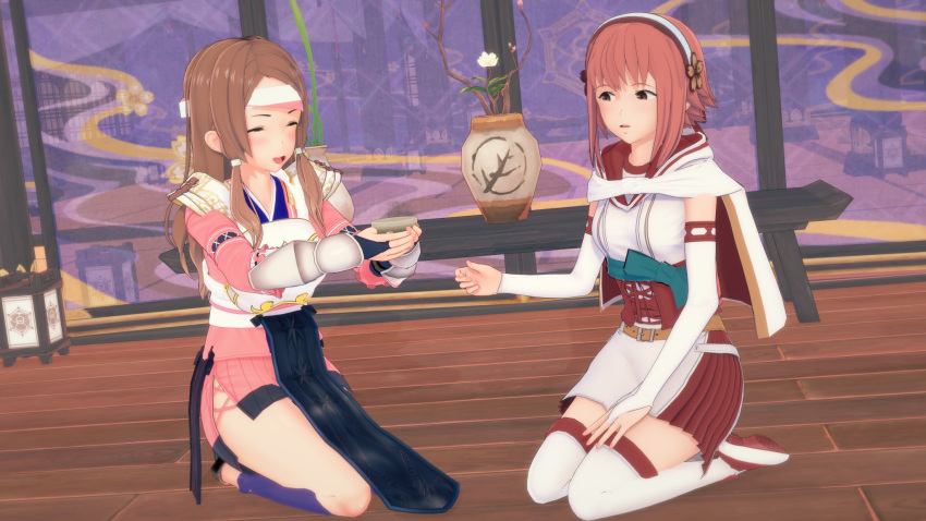 2girls 3d bangs breasts brown_hair female female_only fire_emblem fire_emblem_fates hana_(fire_emblem) headband jollyoldsoldier kneeling long_hair multiple_girls nintendo offering open_mouth pink_eyes pink_hair sakura_(fire_emblem) short_hair small_breasts smile tea thighhighs vase