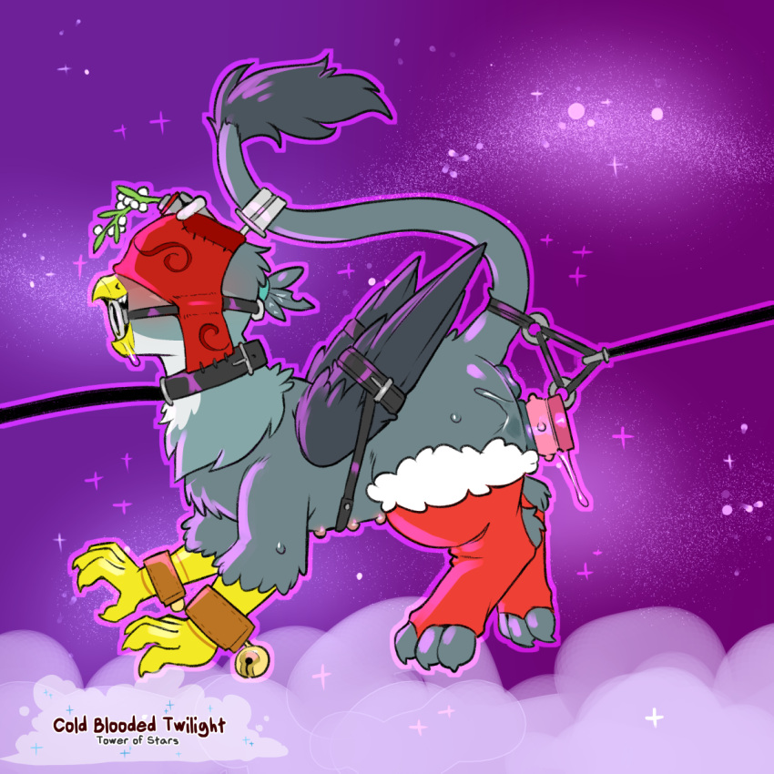 1:1 2022 anus avian beak clothing cold-blooded-twilight dialogue digital_media_(artwork) female fingers friendship_is_magic gabby_(mlp) gag gryphon hasbro hi_res legwear mistletoe my_little_pony mythological_avian mythology nipples non-human_areolae outside plant ring_gag sex_toy side_view solo teats text wings