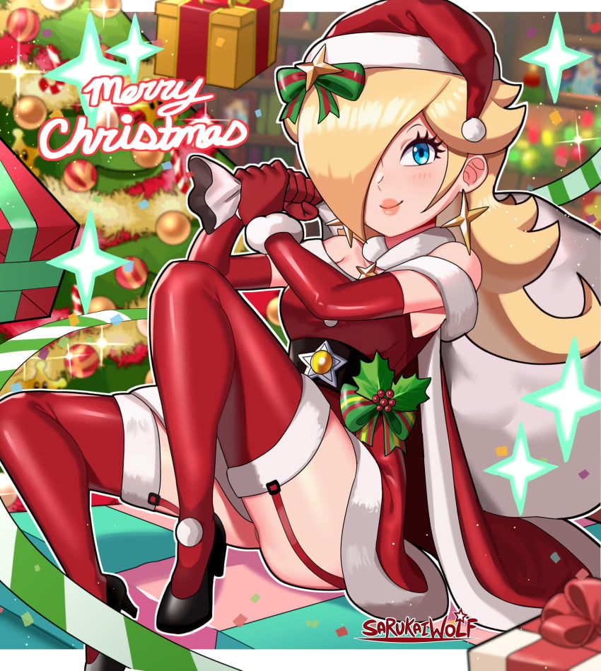 1girls bag blonde_hair blue_eyes blush christmas christmas_hat christmas_outfit clothed clothing earrings female female_only hair_over_one_eye heels hi_res holidays long_gloves mario_(series) mistletoe presents princess_rosalina santa_hat sarukaiwolf sitting solo super_mario_galaxy text thighhighs