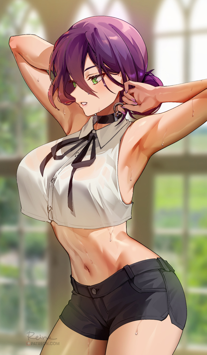 1girls armpits arms_up booty_shorts breasts chainsaw_man choker cute female foxy_rain_(foxyreine) foxyrain_(foxyreine) foxyreine fringe green_eyes large_breasts mappa midriff navel petite purple_hair reze_(chainsaw_man) short_shorts shorts slim_waist stretching sweat teenager tied_hair